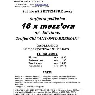 A Gaglianico la 31° edizione della staffetta 16x mezz’ora, primo trofeo Antonio Bressan