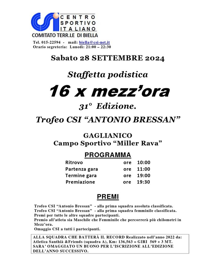 A Gaglianico la 31° edizione della staffetta 16x mezz’ora, primo trofeo Antonio Bressan