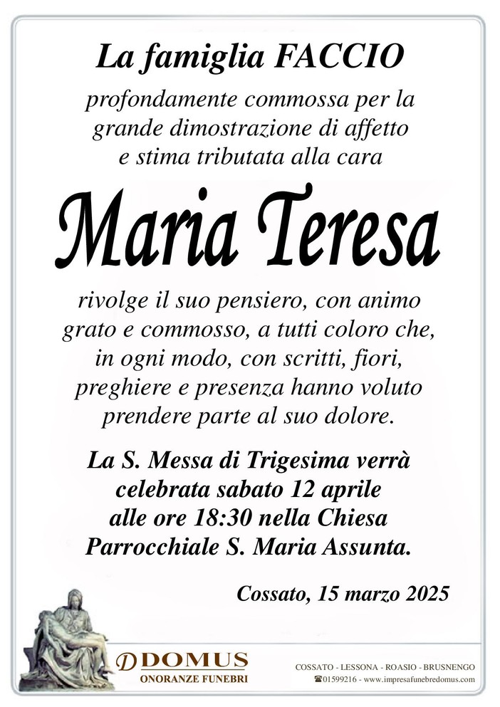 Ringraziamento famiglia Faccio per Maria Teresa