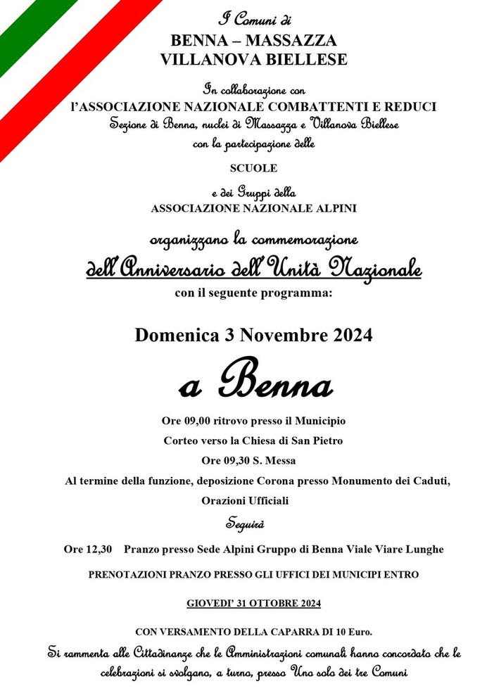 A Benna domenica 3 novembre la commemorazione dei Caduti anche di Villanova e Massazza