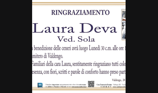 Laura Deva Ved. Sola, ringraziamento