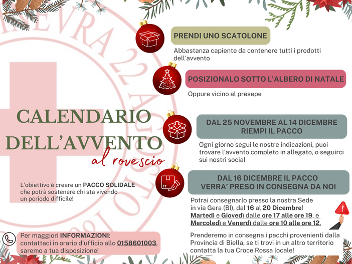 Biella solidale, la Croce Rossa presenta il “Calendario dell’Avvento a Rovescio”.