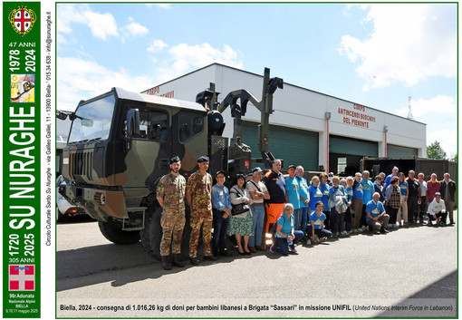 Biella, 21 maggio 2024, consegna di 1.016,26 kg di doni per bambini libanesi a Brigata “Sassari” in missione UNIFIL (United Nations Interim Force in Lebanon).