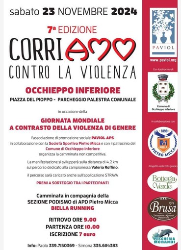 A Occhieppo Inferiore torna &quot;CORRIAMO contro la violenza&quot;, è la 7° edizione