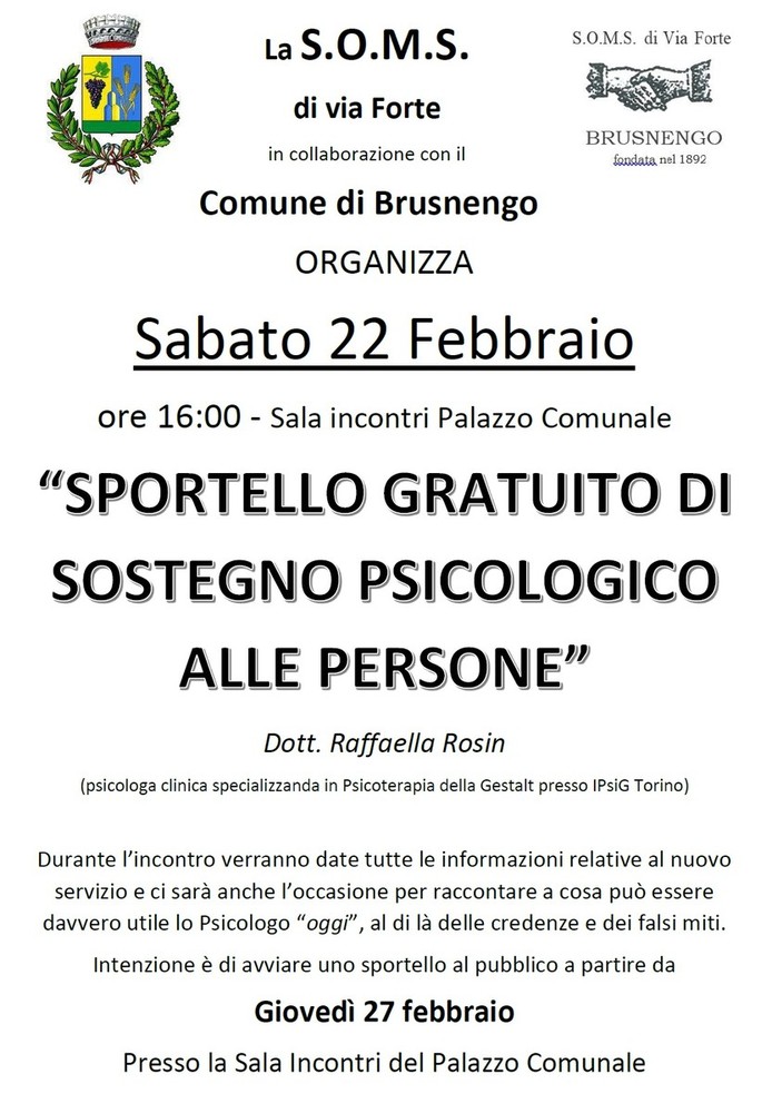 Uno  sportello gratuito di sostegno psicologico a Brusnengo