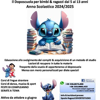 Doposcuola, aperte le iscrizioni di Spazio Ragazzi Divertistudio 2024-2025.