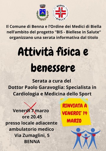 Benna, rinviata la serata &quot;Attività fisica e benessere&quot;