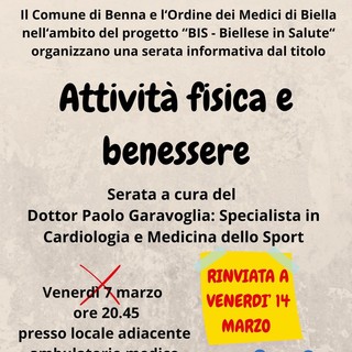 Benna, rinviata la serata &quot;Attività fisica e benessere&quot;