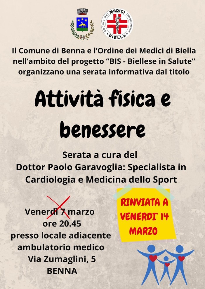 Benna, rinviata la serata &quot;Attività fisica e benessere&quot;